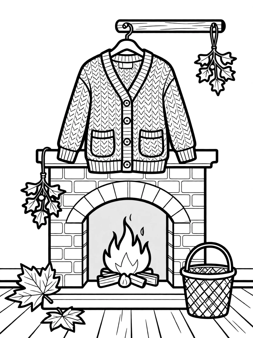 Cardigan hanging by fireplace with folklore elements