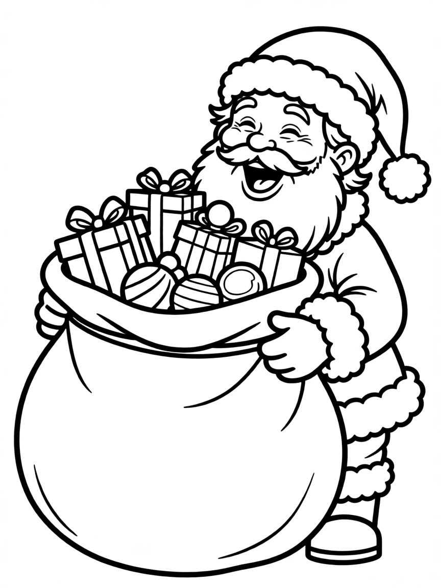 A close-up of Santa Claus laughing heartily while holding a giant sack full of presents.  