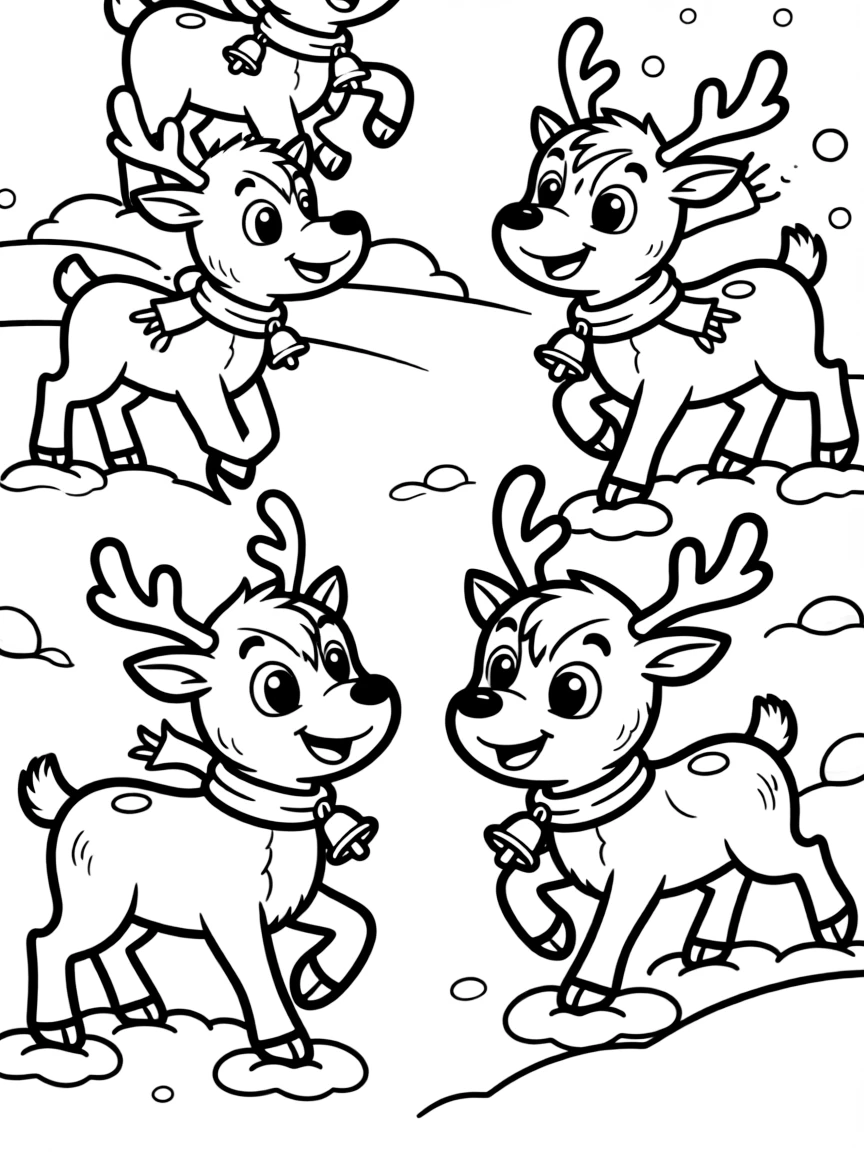 Santa’s reindeer playing in the snow, some wearing Christmas scarves and bells.  