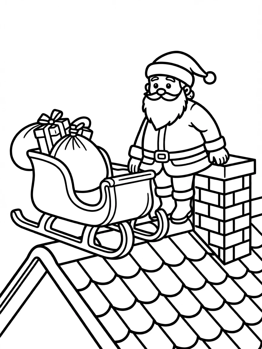 Santa Claus landing his sleigh on a rooftop, getting ready to climb down the chimney.  