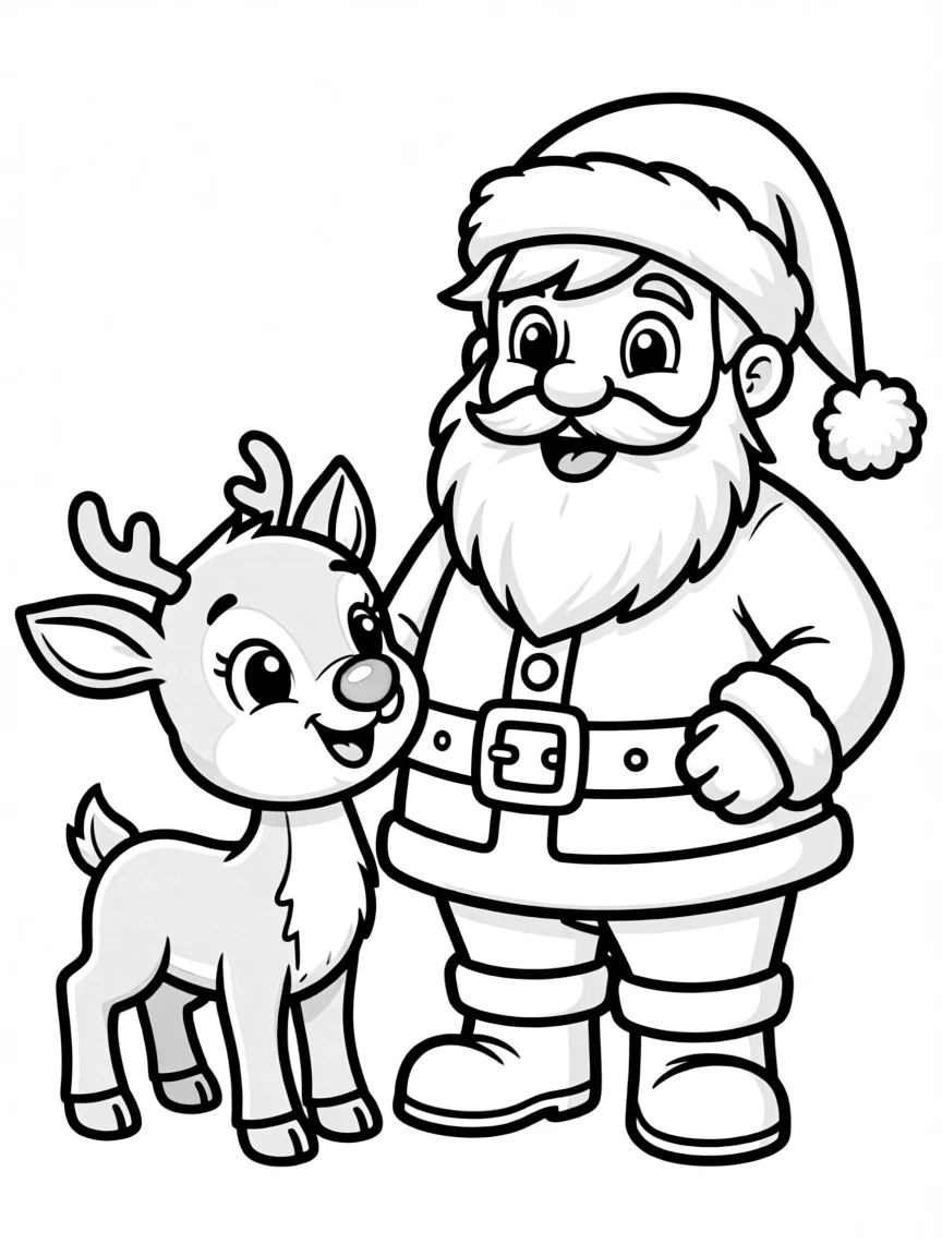 A baby reindeer with a red nose looking up at Santa Claus with excitement.  