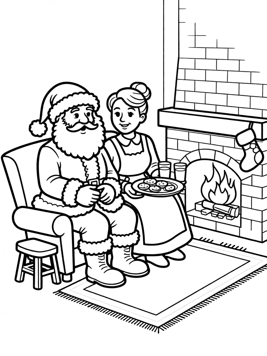 Santa Claus and Mrs. Claus sharing cookies and milk by the fireplace.  
