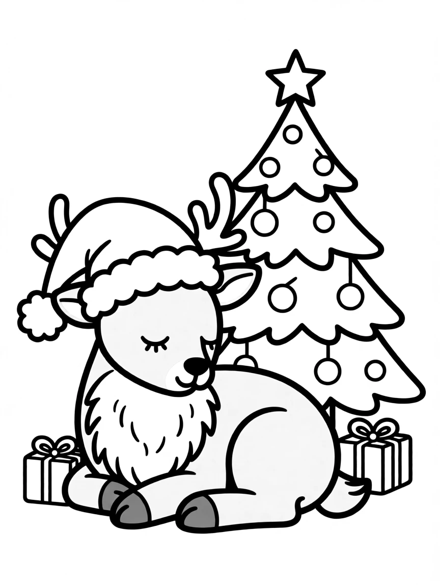 A sleepy reindeer wearing a Santa hat, resting beside a Christmas tree.  