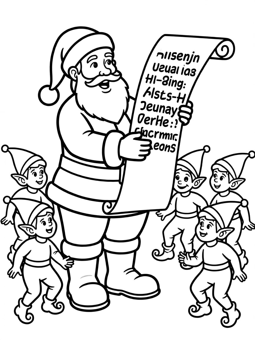 Santa checking his naughty and nice list, surrounded by elves.  