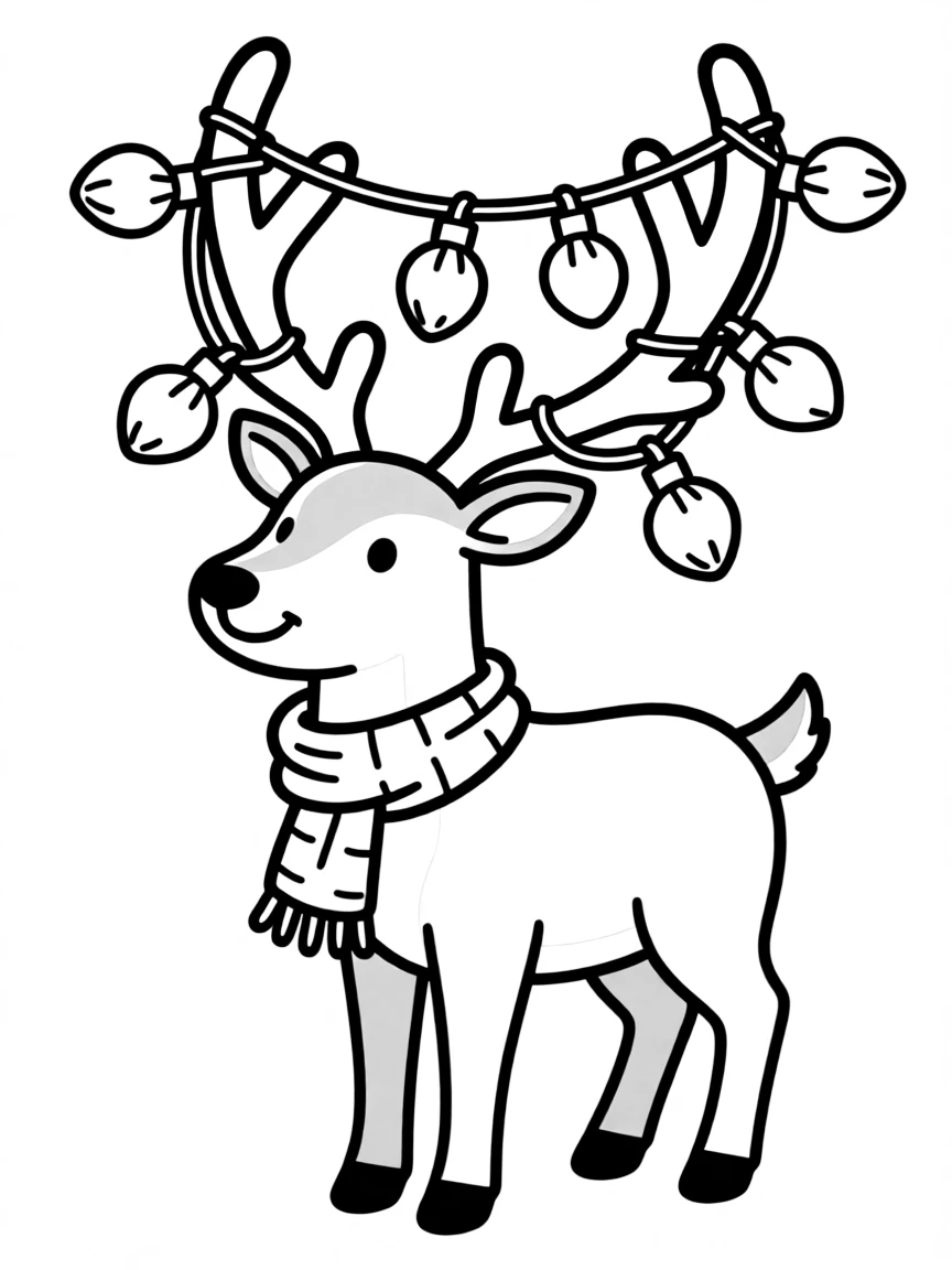 A reindeer with Christmas lights tangled in its antlers.  