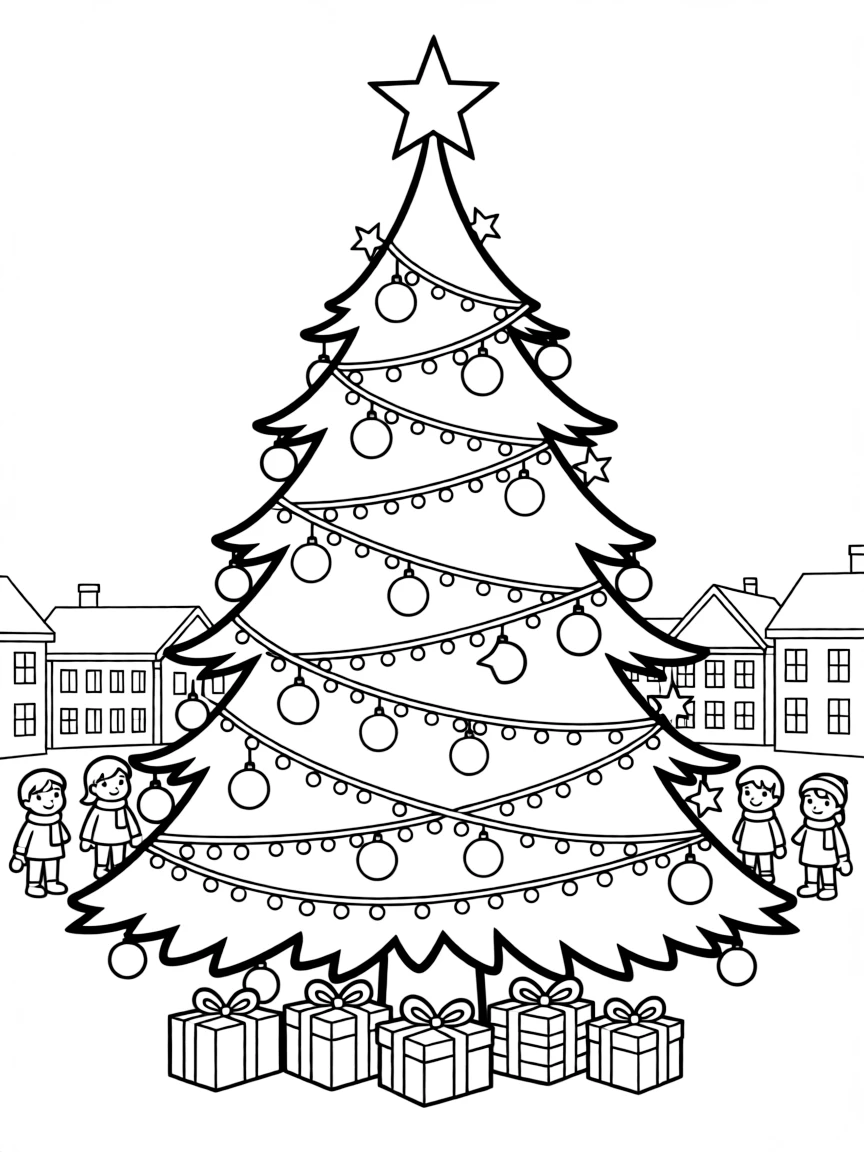 A large Christmas tree in a town square, covered in twinkling lights and ornaments.  