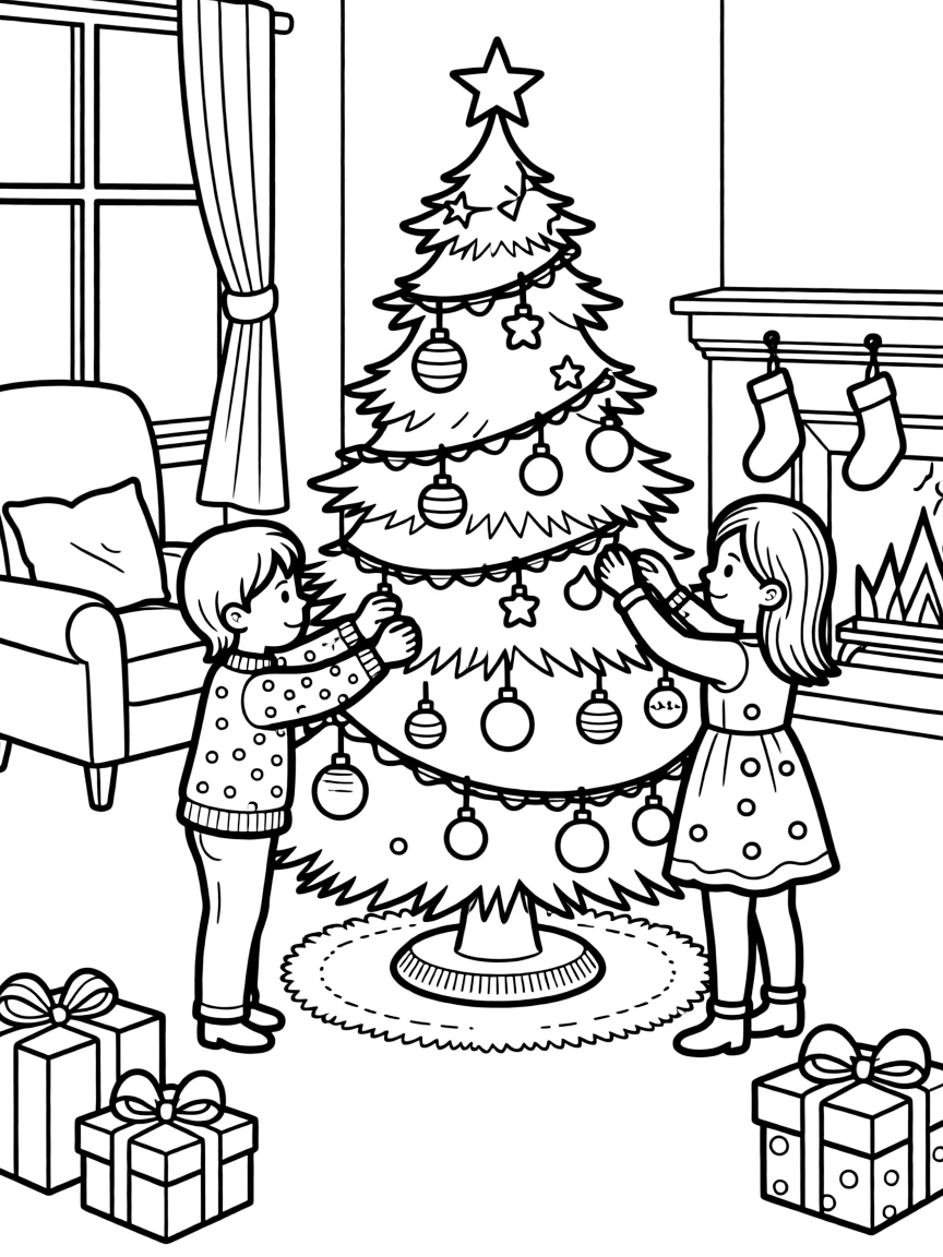 Children decorating a Christmas tree in their cozy living room.  