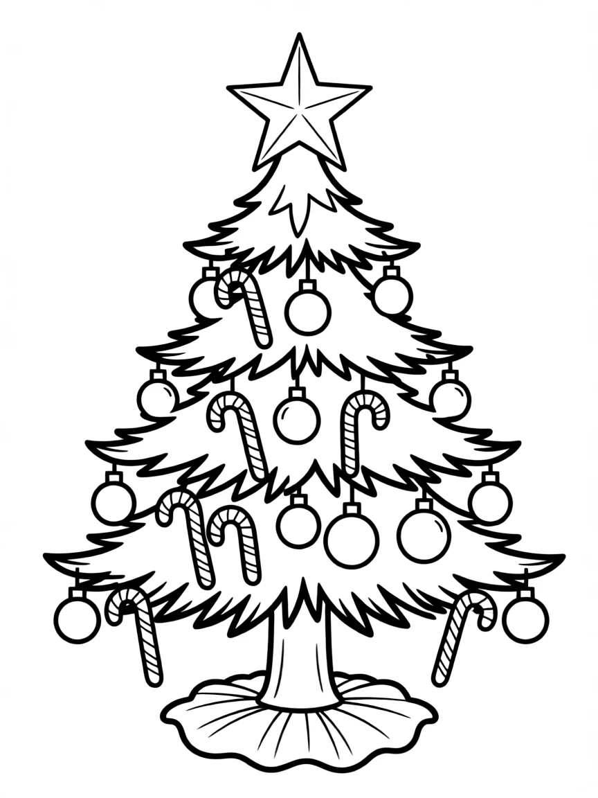 A Christmas tree decorated with candy canes, baubles, and a shining star on top.  