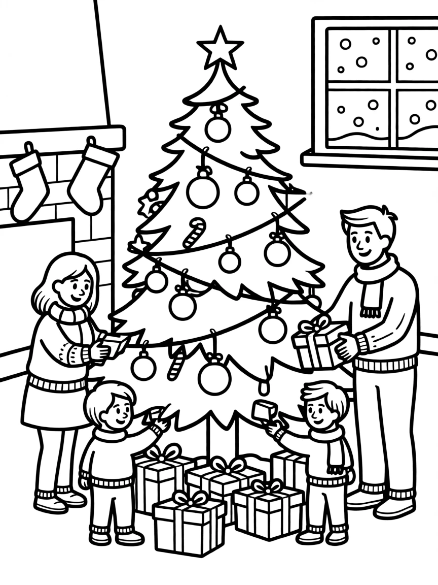 A family placing gifts under the Christmas tree on Christmas Eve.  