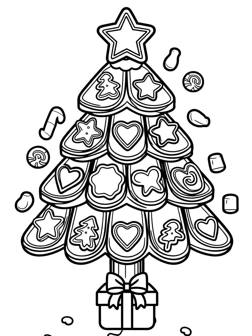 A Christmas tree made entirely of gingerbread cookies and candy.  