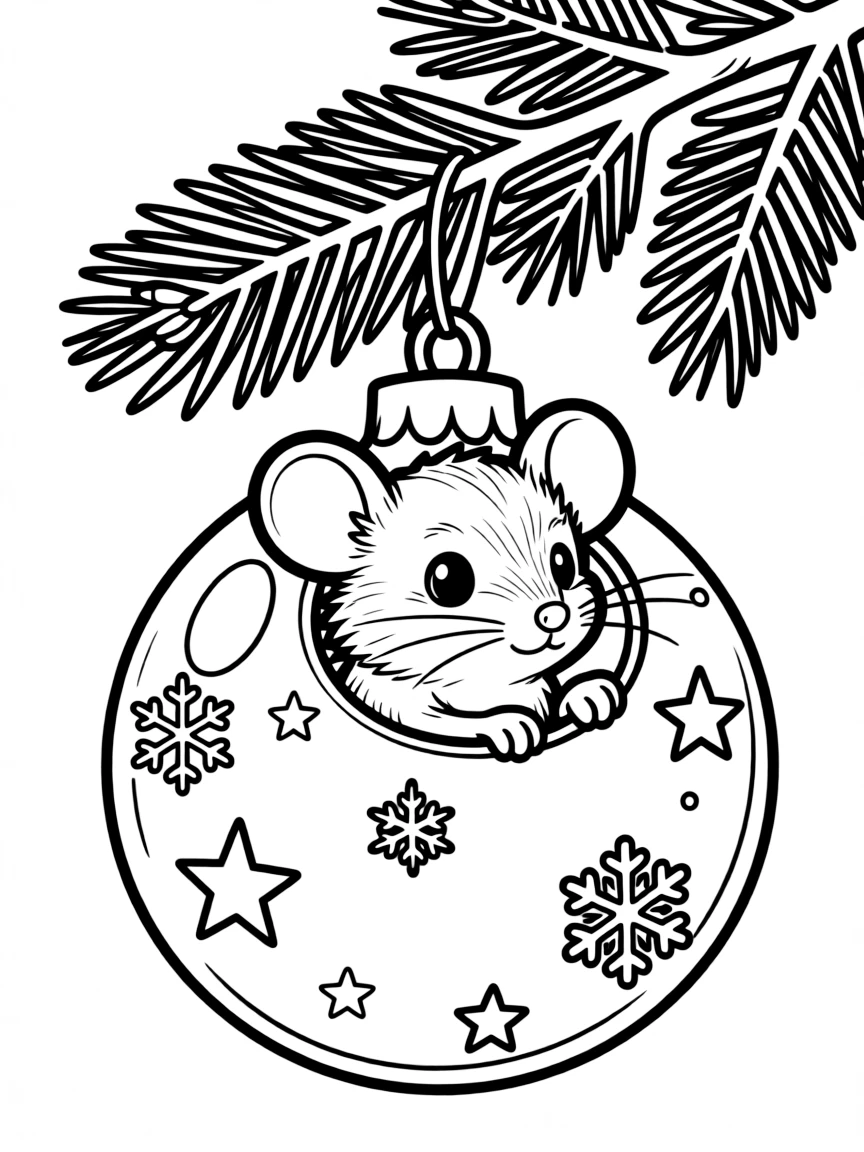 A tiny mouse peeking out from inside a Christmas tree ornament.  