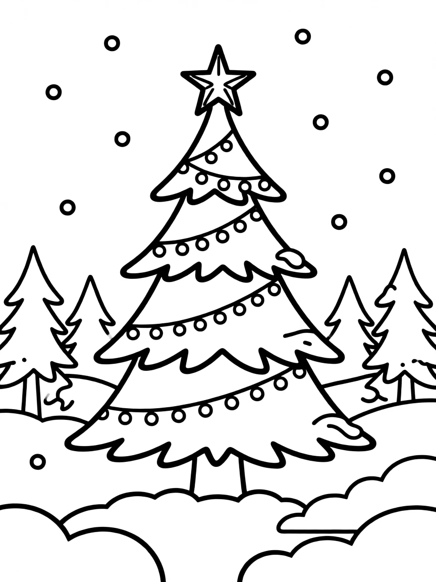 A magical Christmas tree in a snowy forest, glowing with fairy lights.  