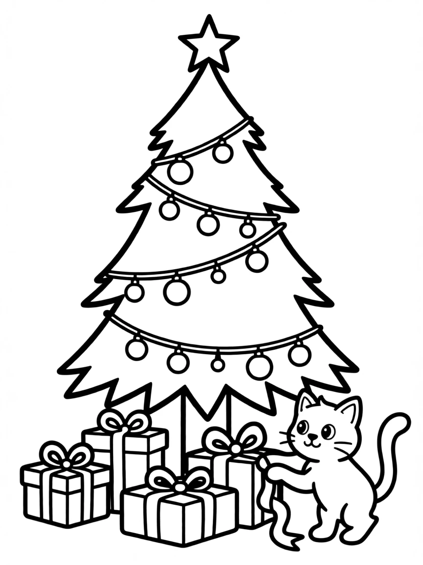 A decorated Christmas tree with presents underneath, with a cat curiously playing with the ribbons.  