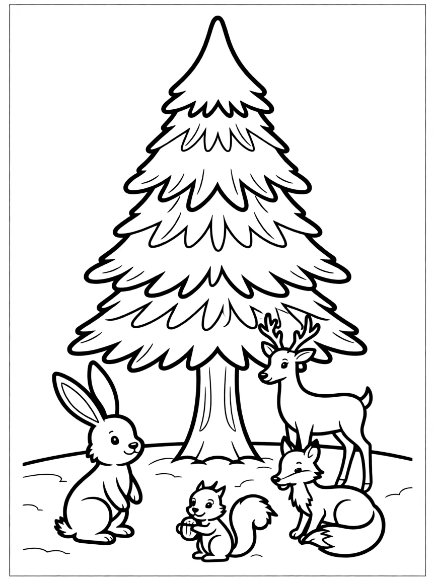 A snow-covered pine tree with woodland animals gathered around.  