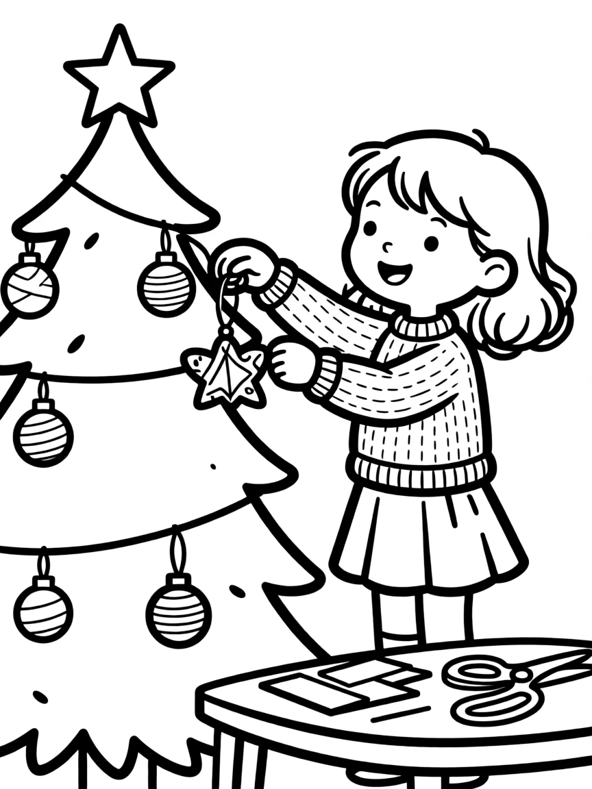 A girl hanging a special homemade ornament on a Christmas tree.  