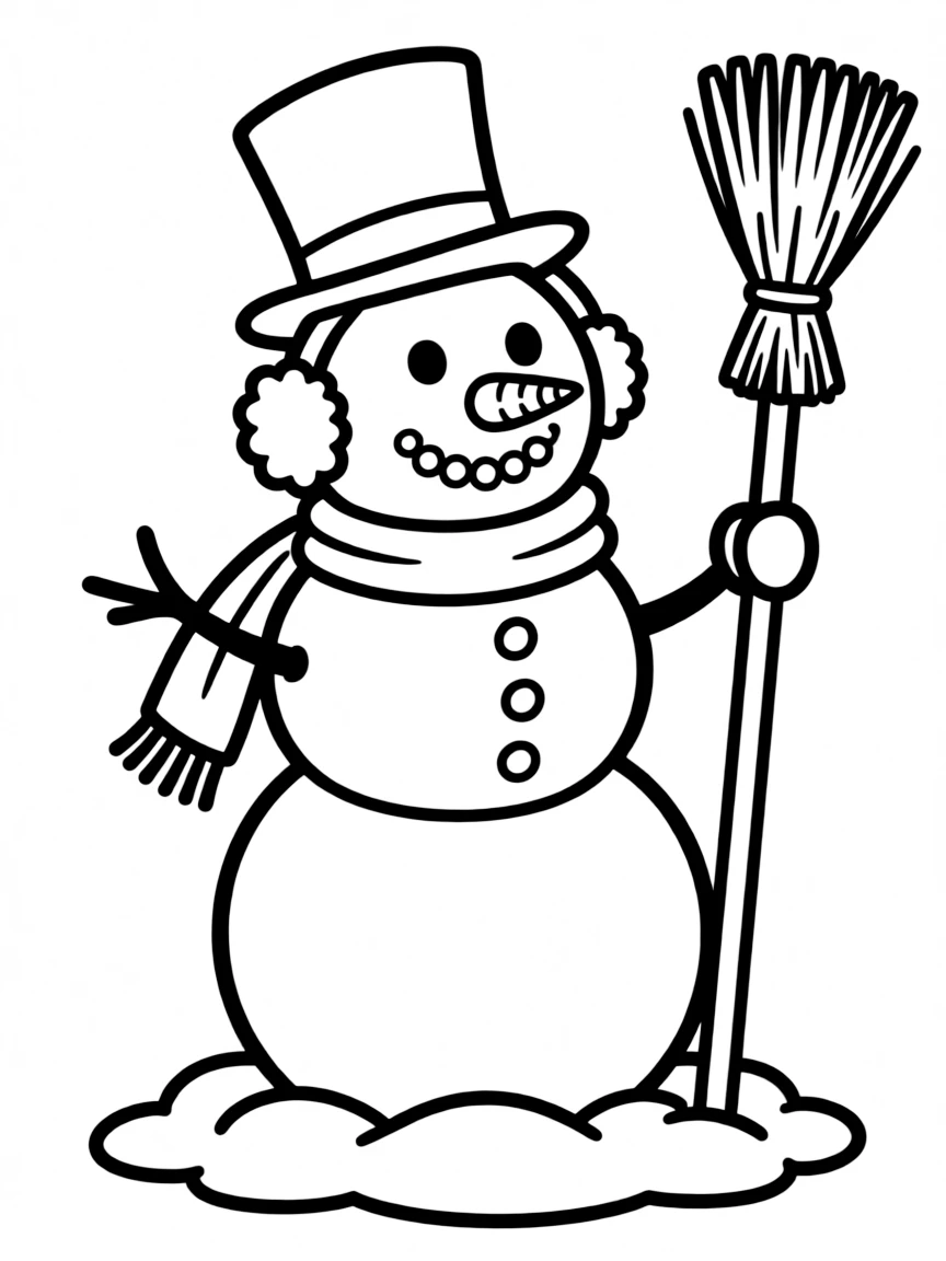 A snowman wearing a top hat and scarf, holding a broomstick.  