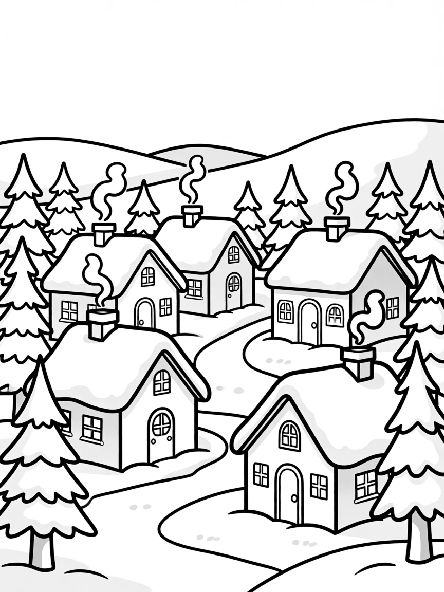 A cozy winter village covered in snow, with smoke coming from the chimneys.  
