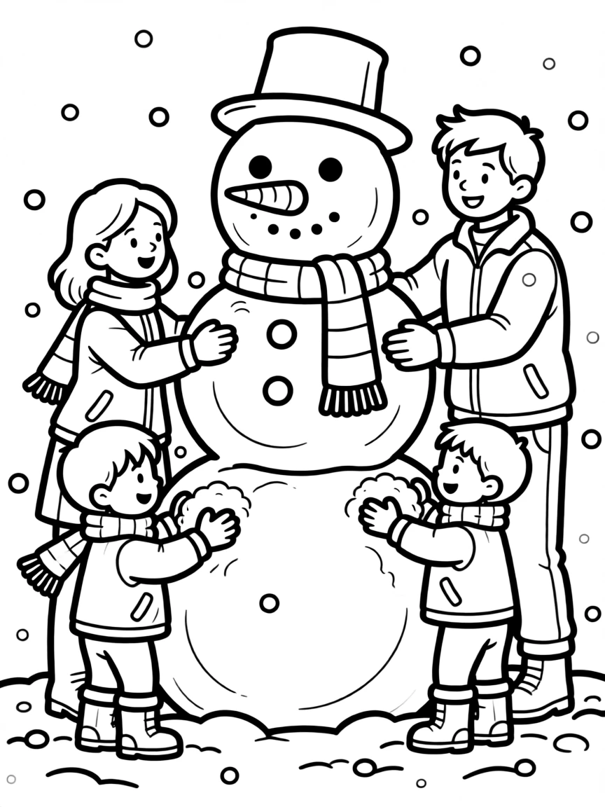 A family building a giant snowman together.  