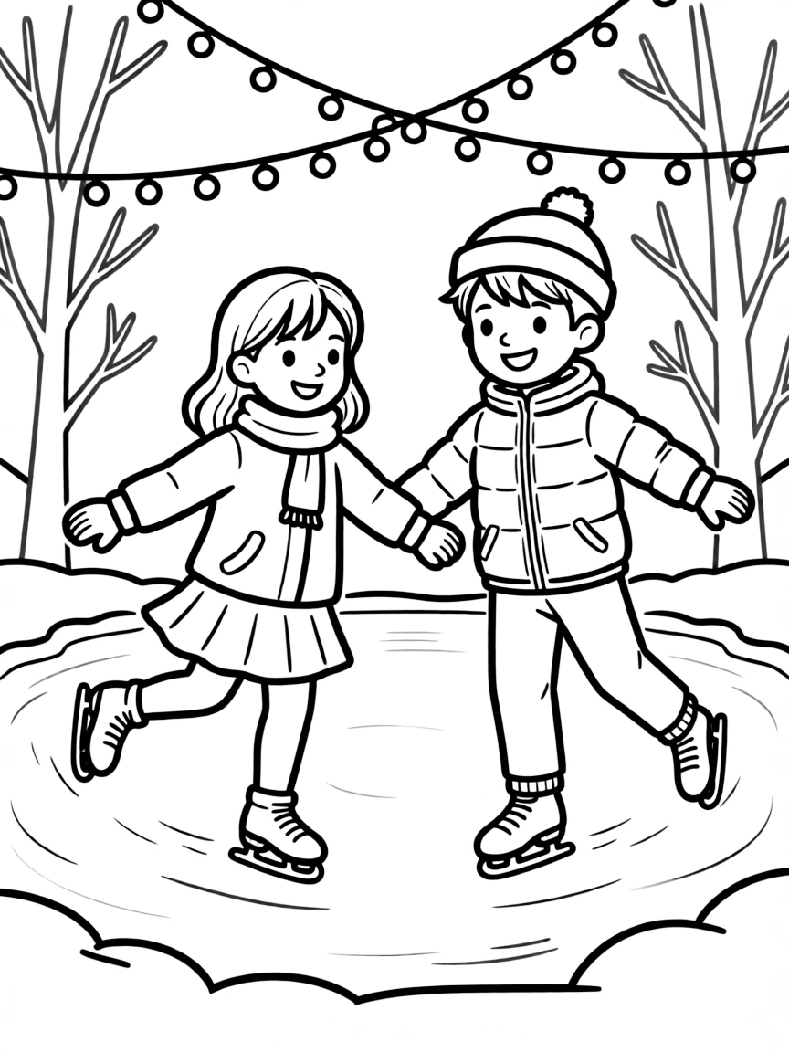 Ice skaters gliding across a frozen pond under twinkling lights.  
