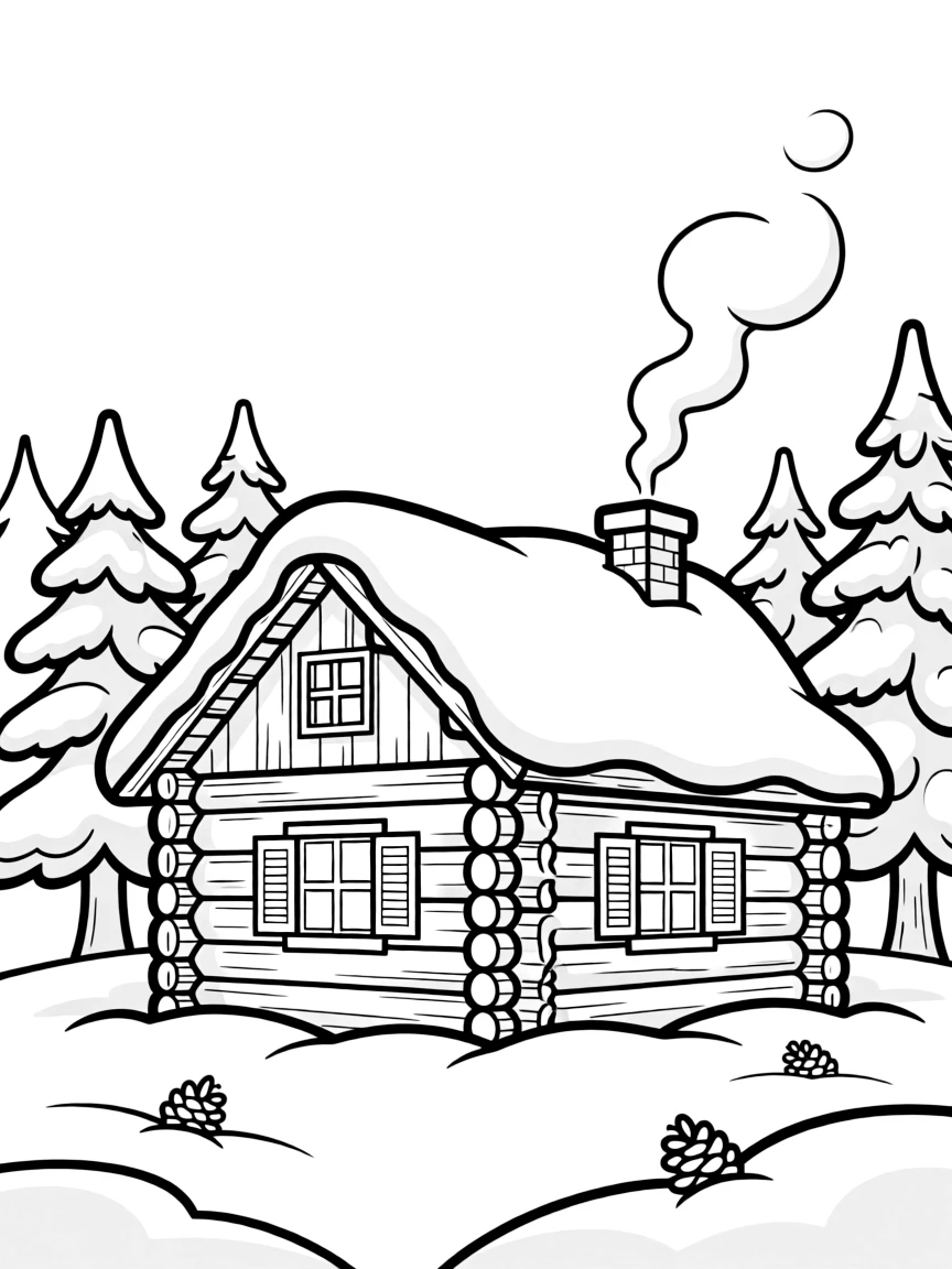A snow-covered cabin with warm lights glowing inside.  