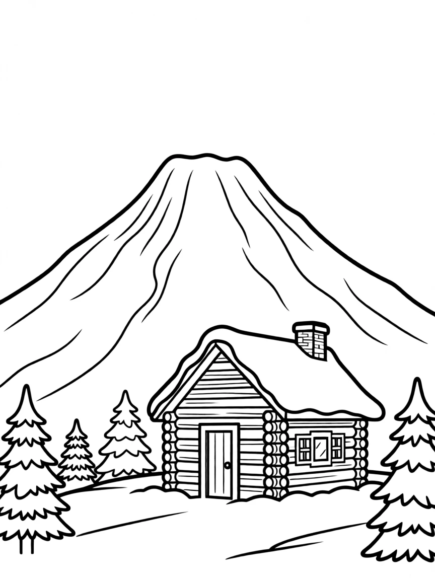 A majestic snowy mountain with a tiny Christmas cabin at its base.  
