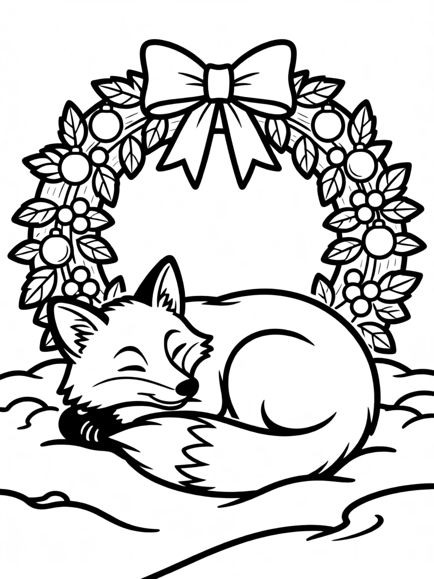 A fox curled up in the snow next to a Christmas wreath.  