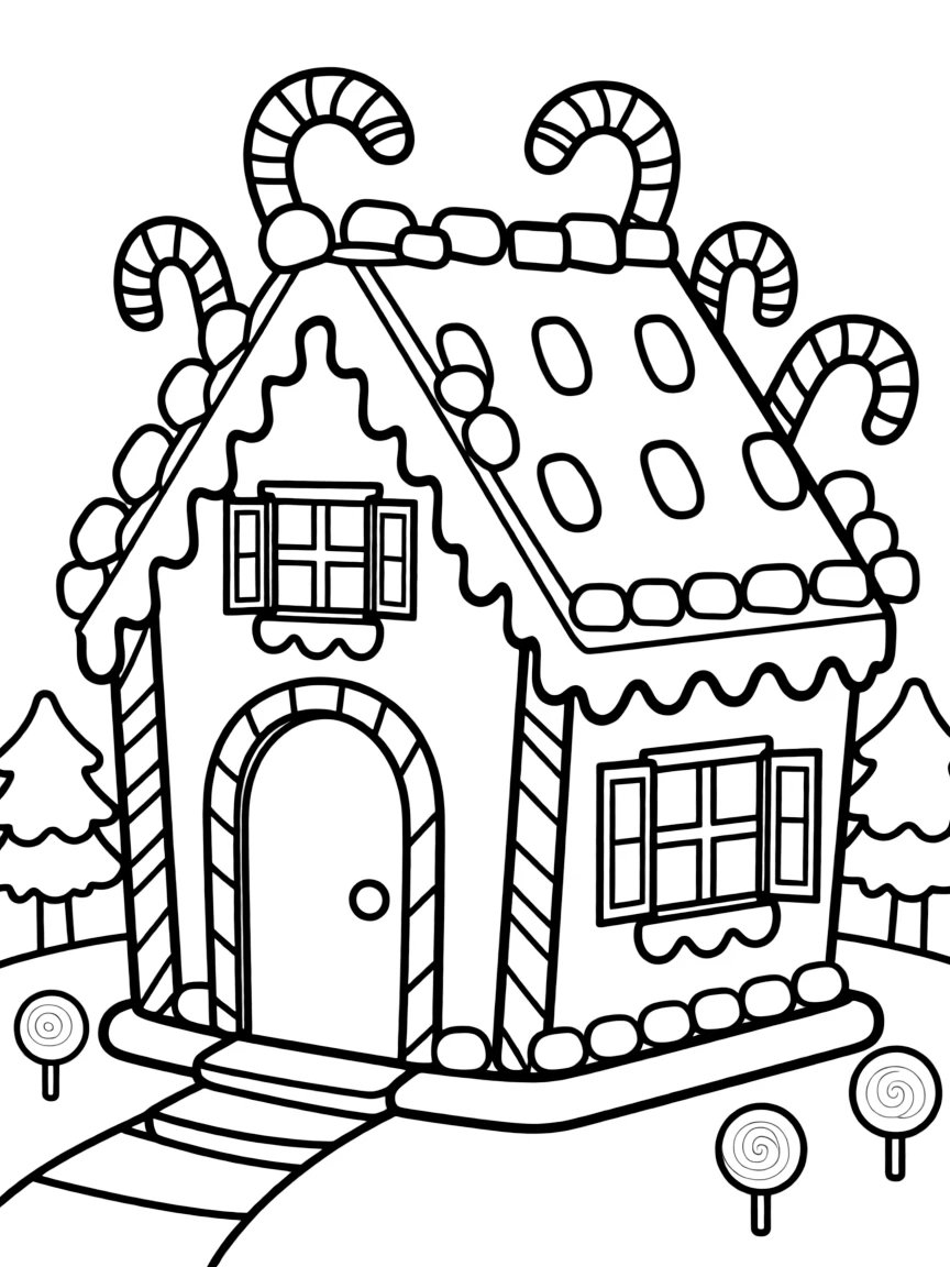A gingerbread house covered in candy canes, gumdrops, and frosting.  
