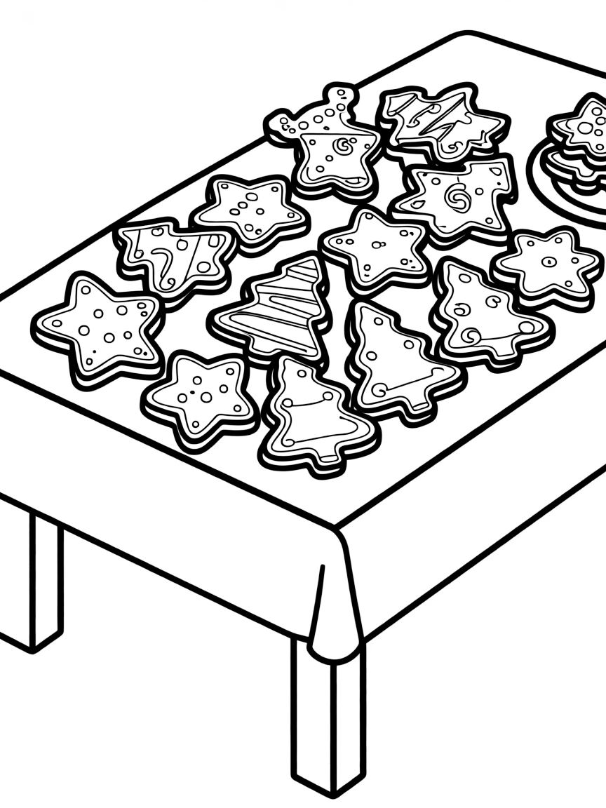 A table full of Christmas cookies shaped like stars, trees, and Santa hats.  