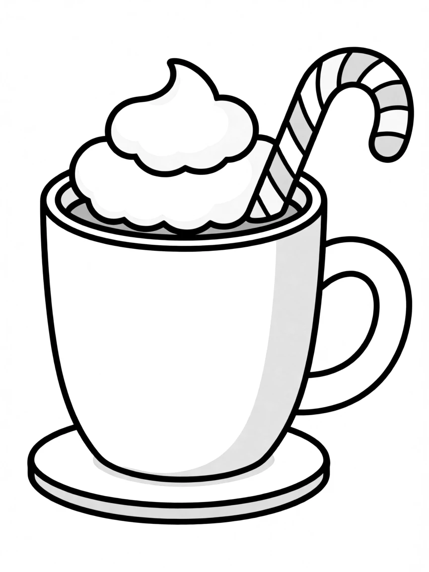 A mug of hot cocoa with whipped cream and a candy cane stirrer.  