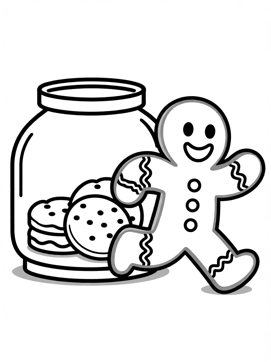 A gingerbread man running away from a cookie jar.  