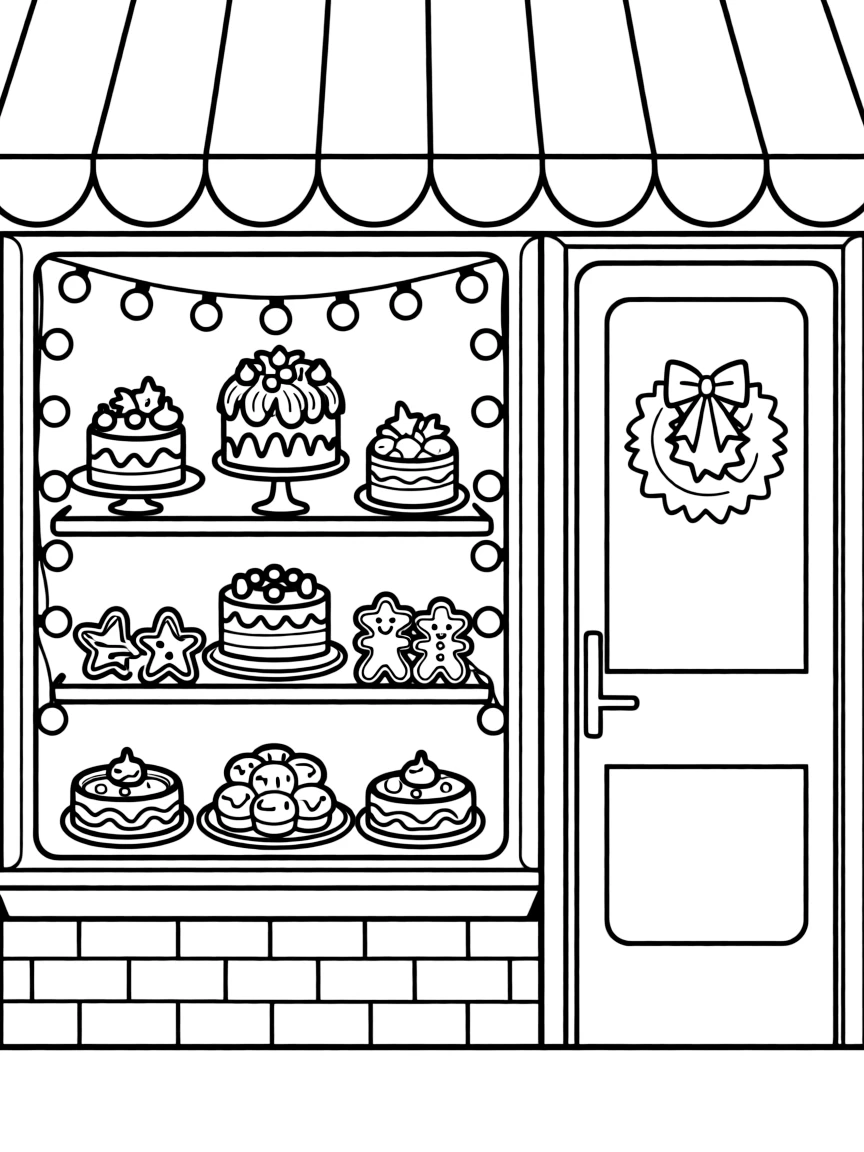 A Christmas bakery with cakes, cookies, and pastries in the window.  