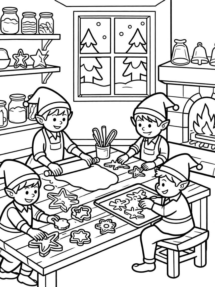 A group of elves baking Christmas cookies in Santa’s workshop.  