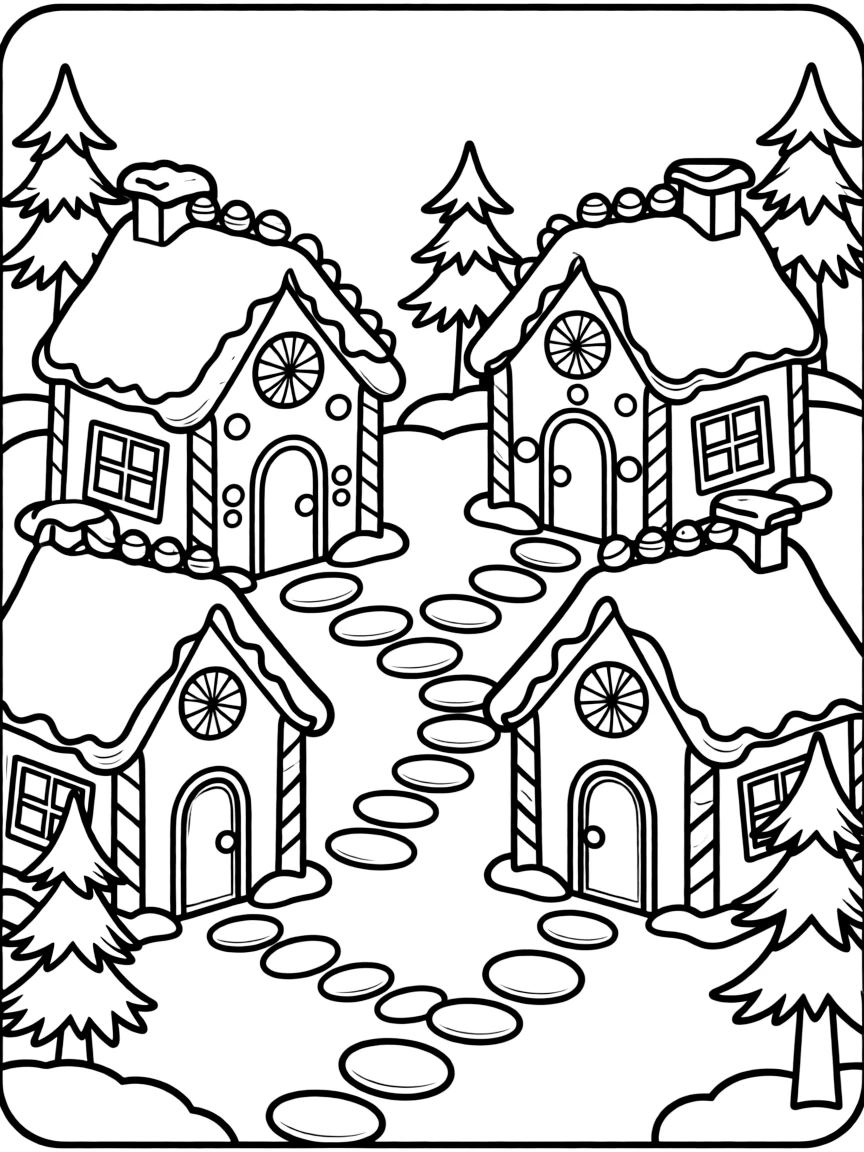 A gingerbread village covered in snow, with tiny candy houses.  