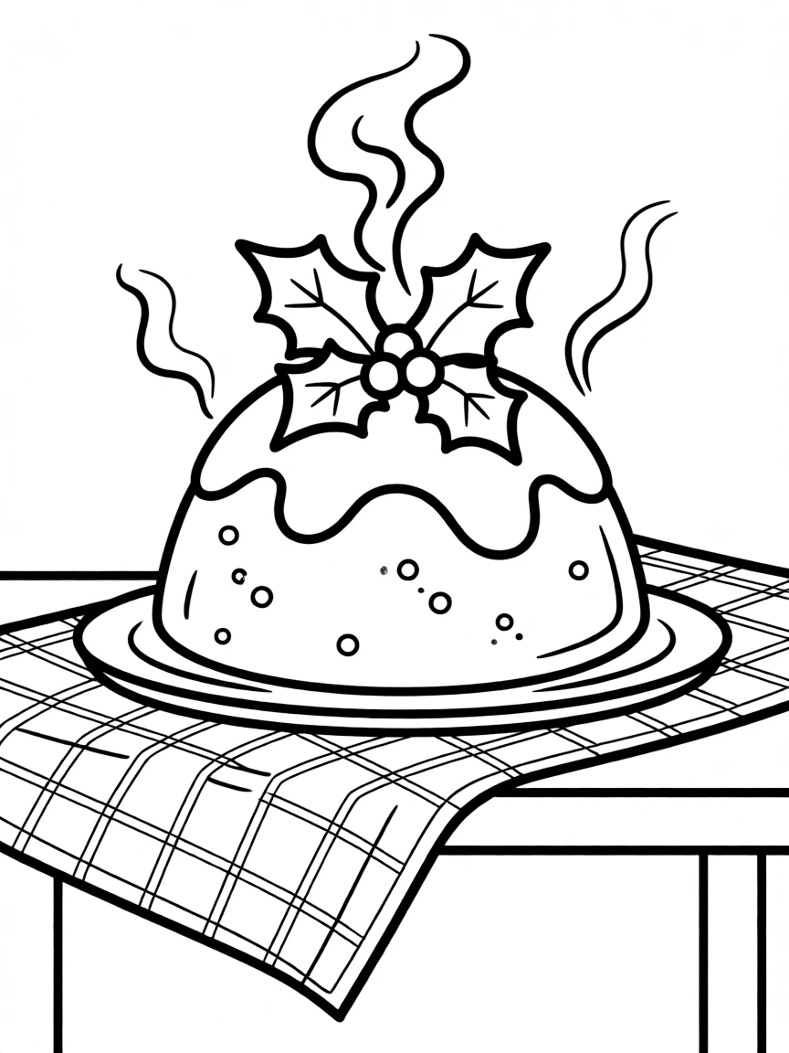 A Christmas pudding with holly on top, steaming on a festive table.  