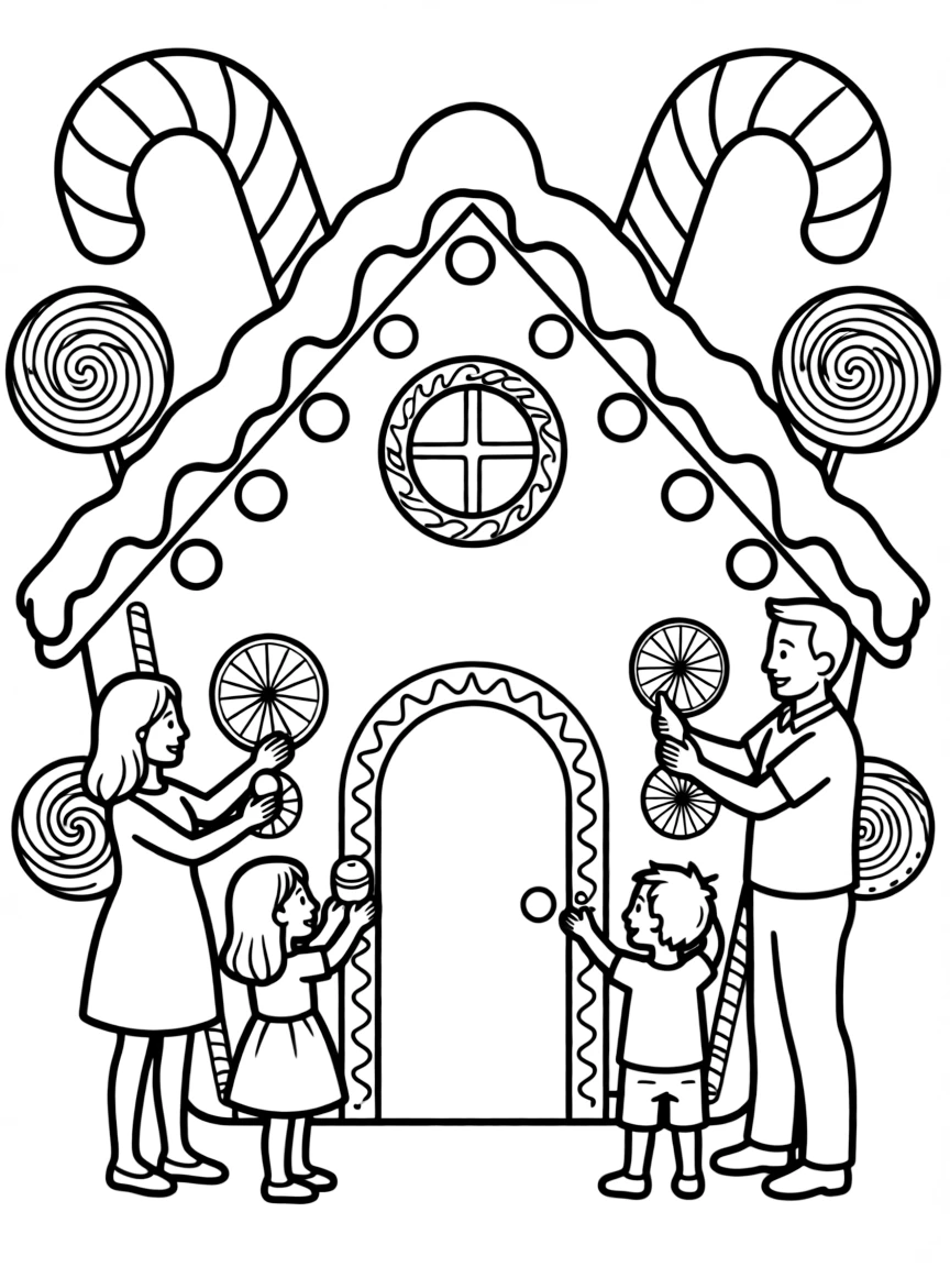 A family decorating a giant gingerbread house together.  