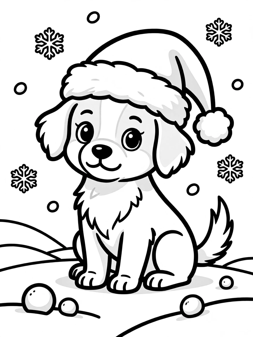 A puppy wearing a Santa hat playing in the snow.  
