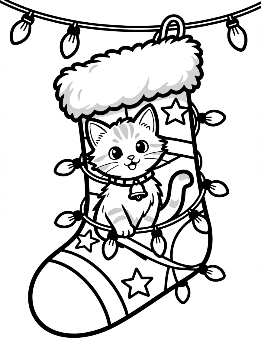 A kitten tangled in Christmas lights inside a stocking.  