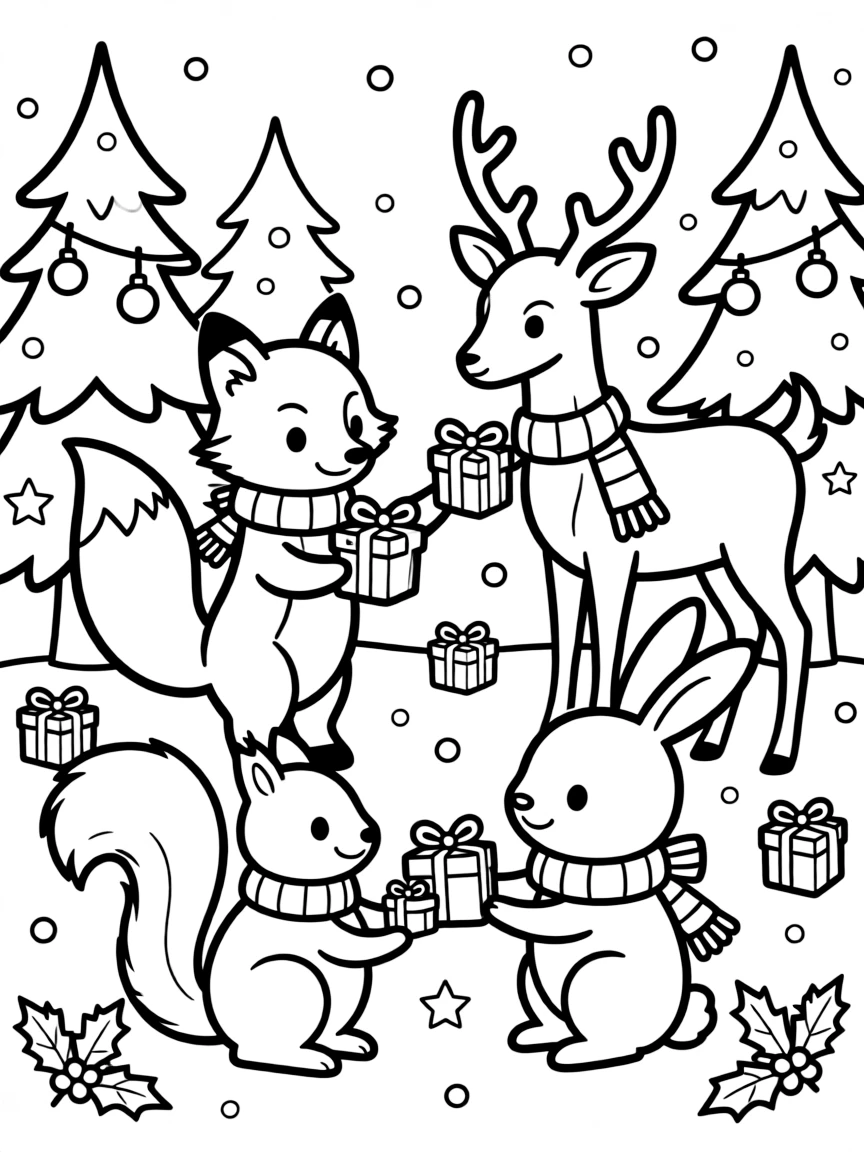A group of woodland animals exchanging tiny Christmas gifts.  