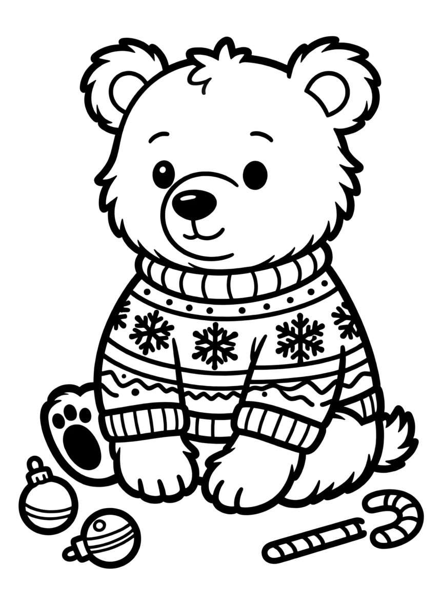 A polar bear cub wearing a Christmas sweater.  