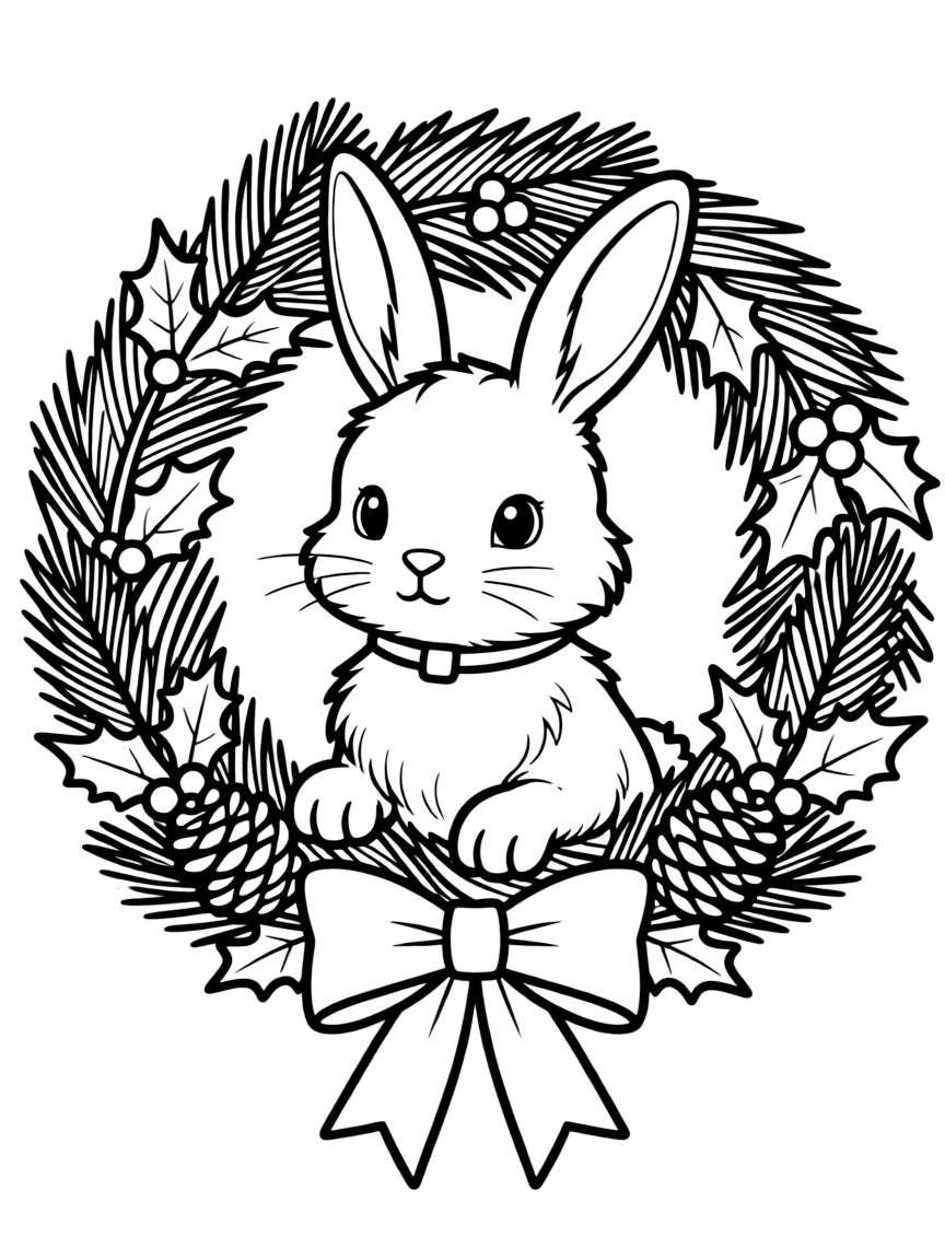 A fluffy white rabbit sitting inside a Christmas wreath.  