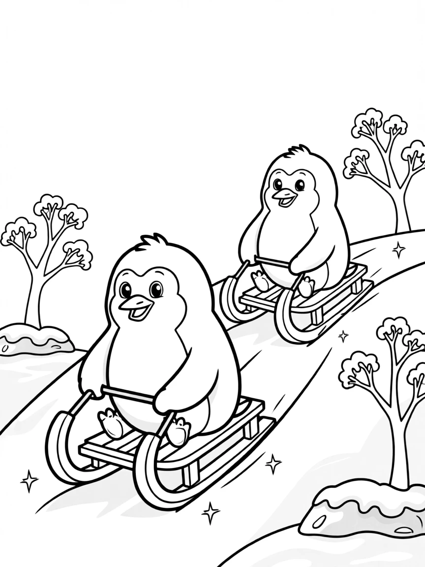 A group of penguins sledding down an icy hill.  