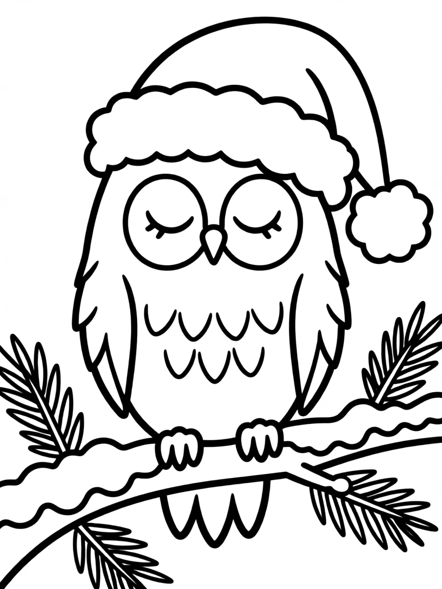 A sleepy owl wearing a Santa hat, perched on a snowy tree branch.  