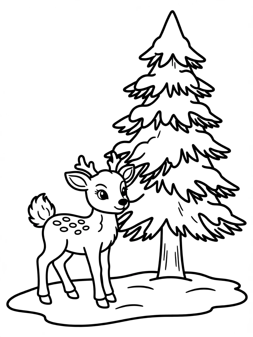 A baby deer standing beside a snow-covered pine tree.  