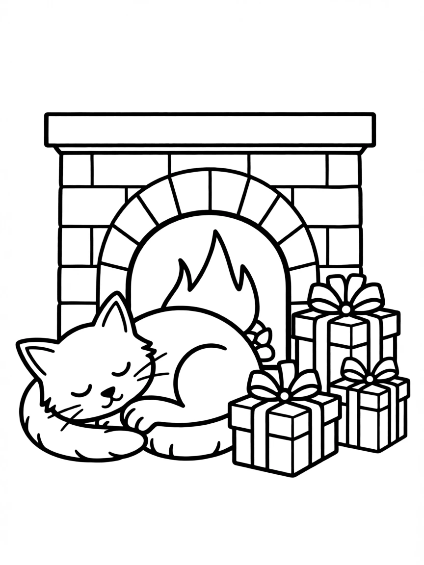 A cat curled up by a fireplace next to Christmas presents.  