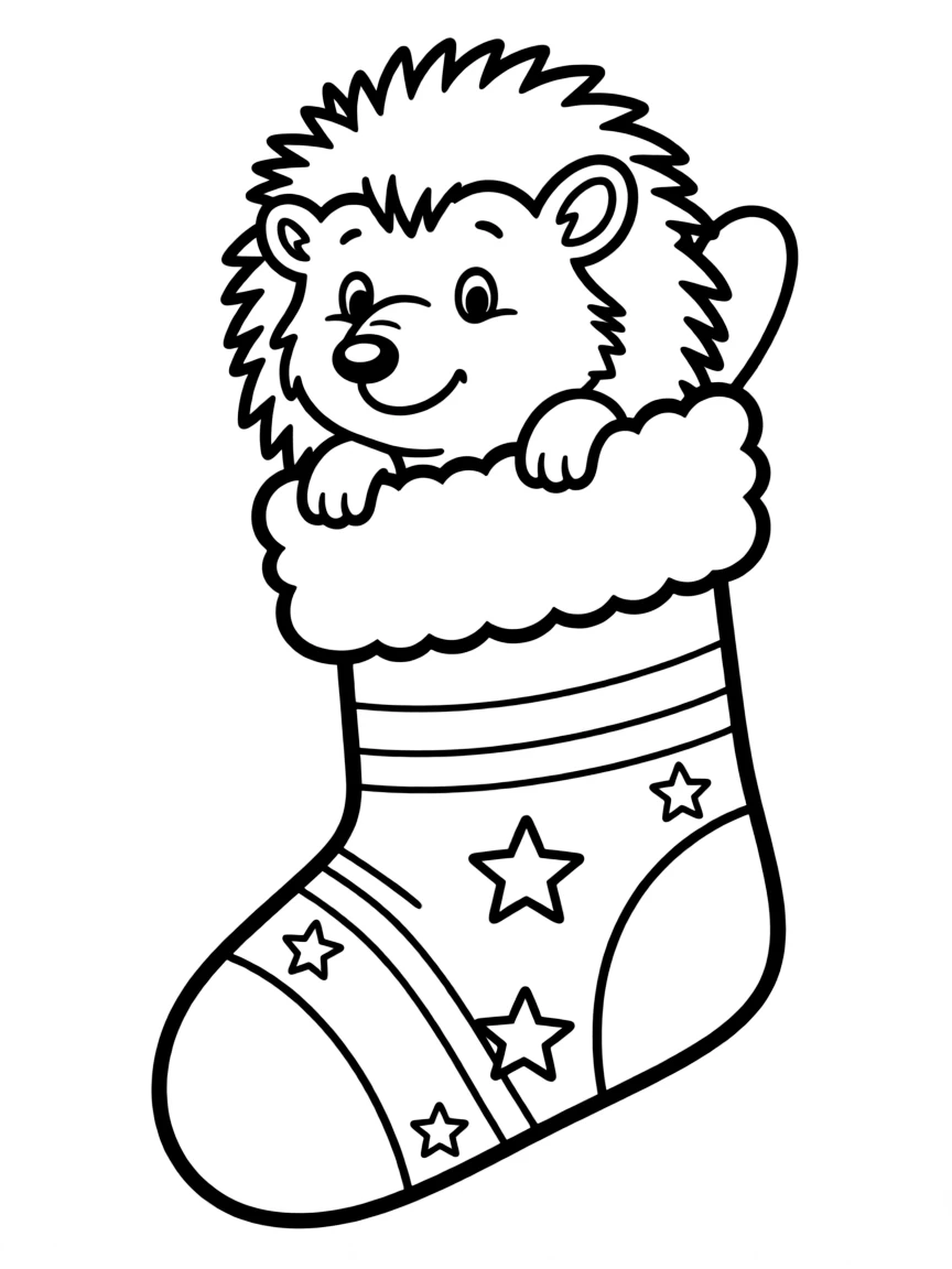 A hedgehog peeking out of a Christmas stocking.  