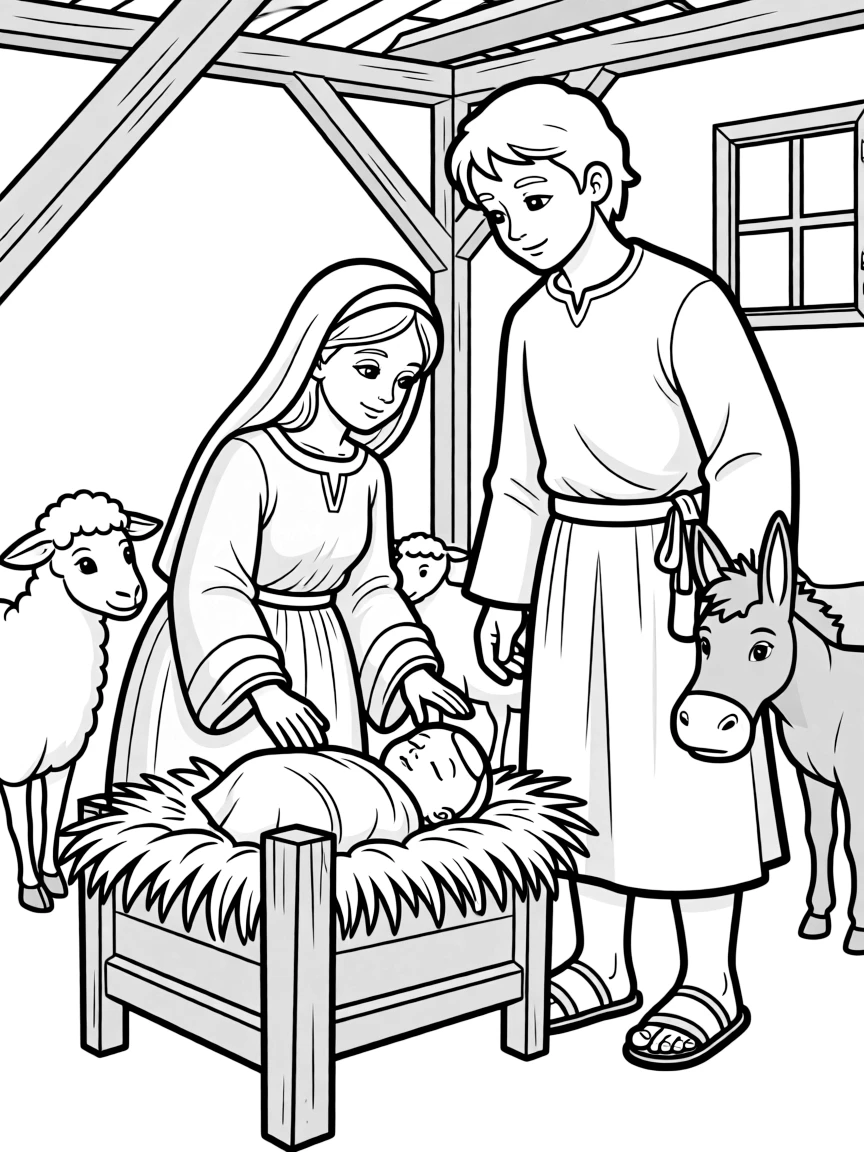 Mary and Joseph looking lovingly at baby Jesus in a manger.  