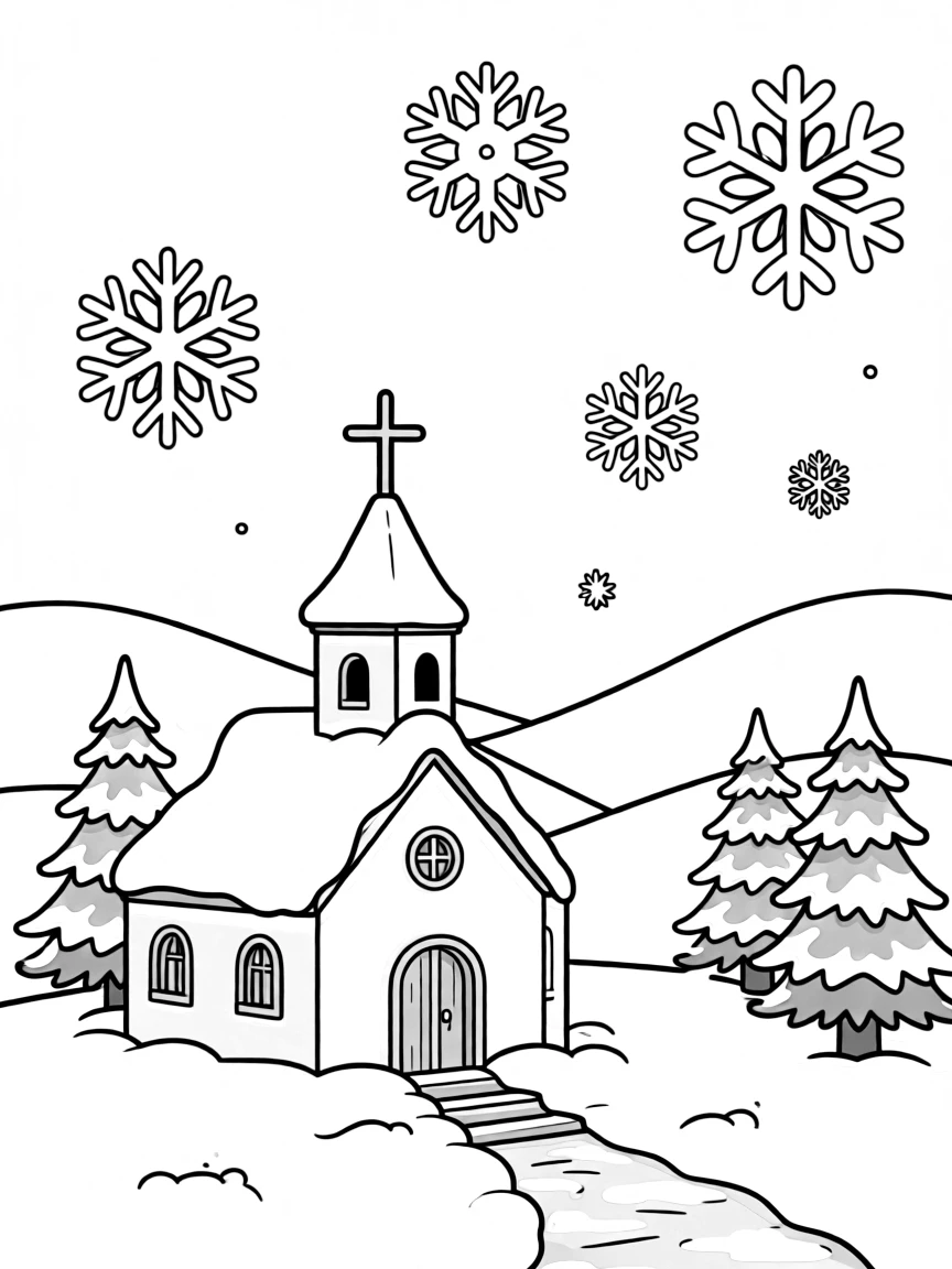 A peaceful countryside church covered in snow on Christmas Eve.  