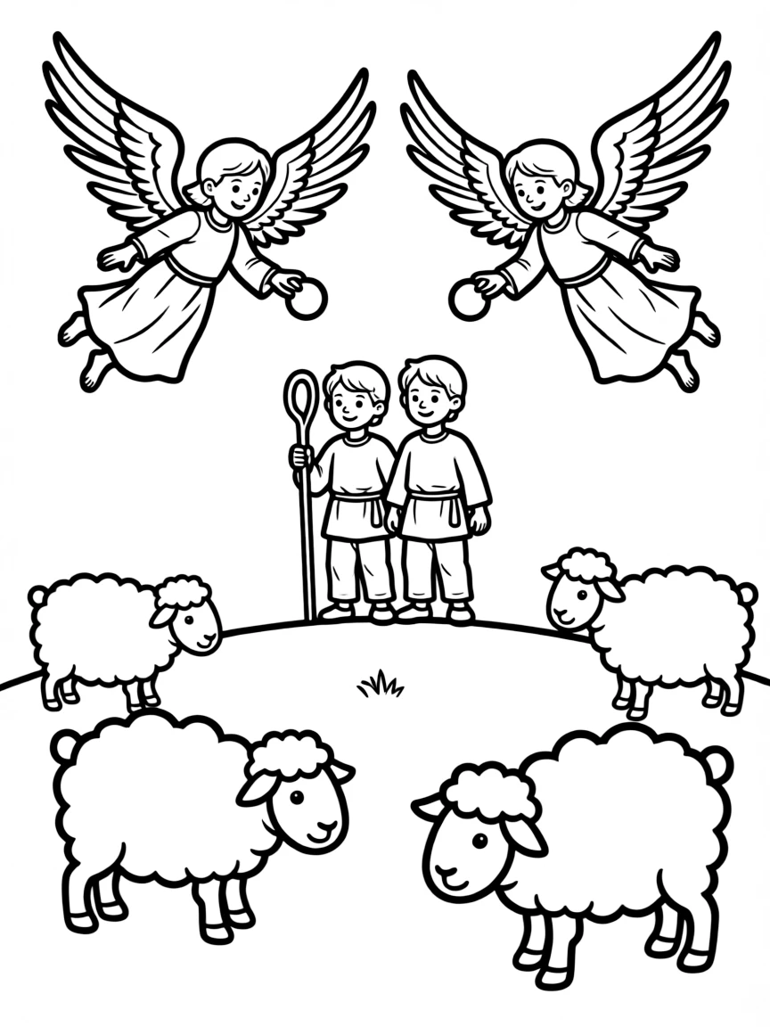 Shepherds watching their sheep as angels appear in the sky.  
