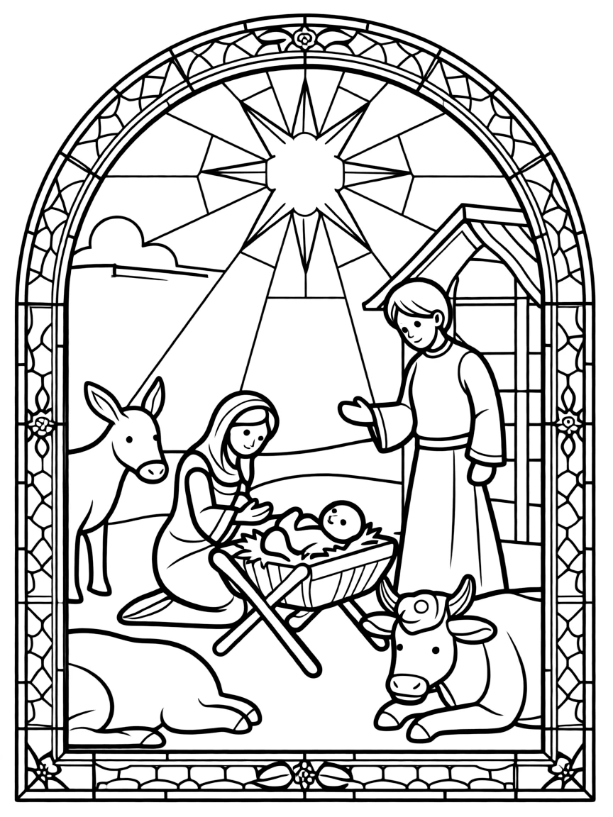 A detailed stained-glass window depicting the nativity.  