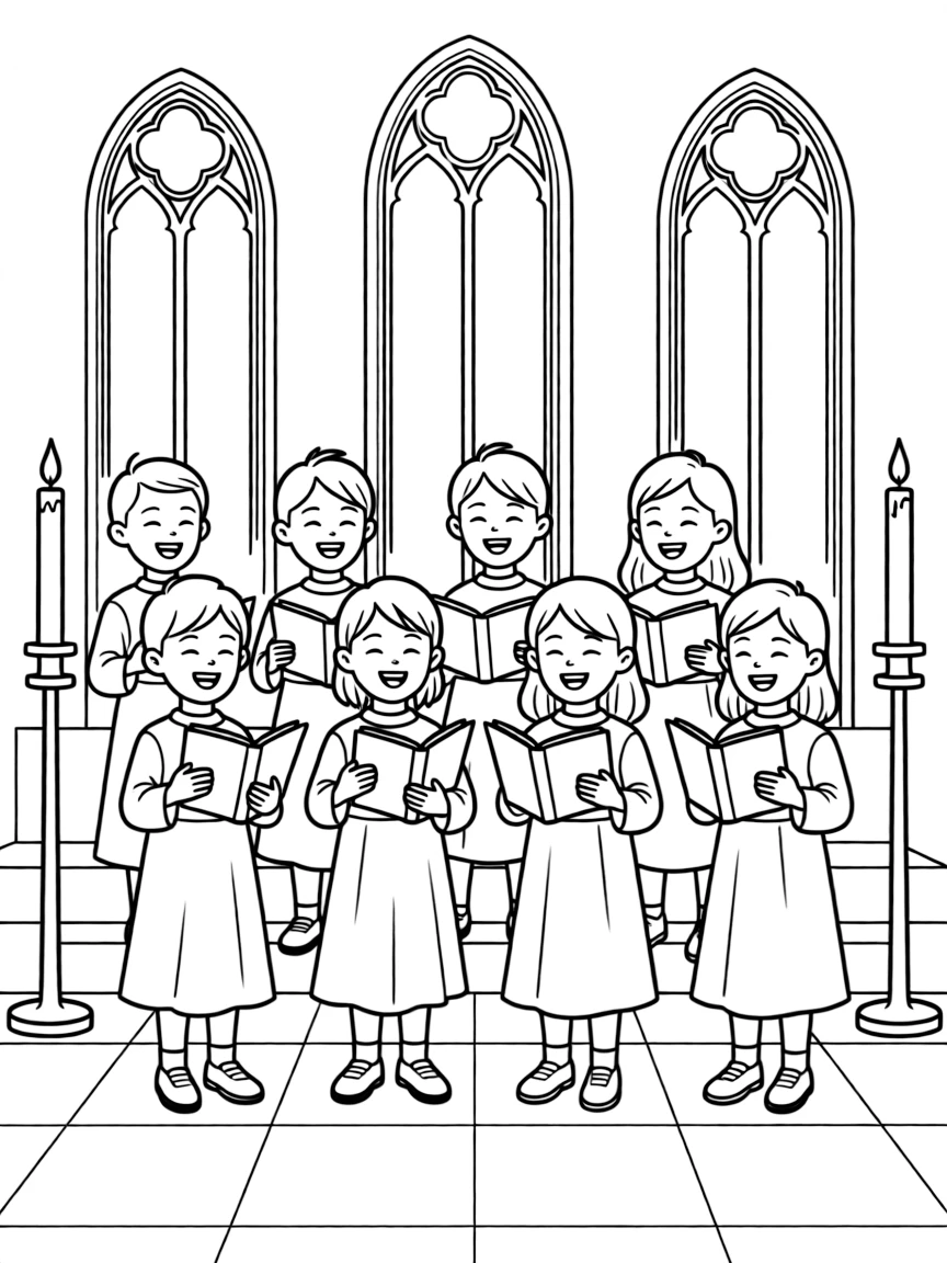 A choir of children singing Christmas carols in a church.  